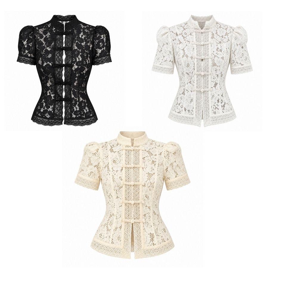 Hollowed Out Lace Printed Shirts Short Puff Sleeve Women Shirt Tops Chic Lace Blouse Party