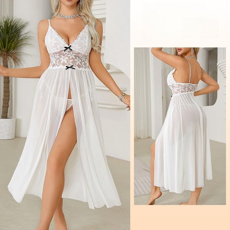 Сексуальная сетчатая кружевная ночная рубашка большого размера с высоким разрезом, длинная комбинация, разноцветная одежда для дома 681, стильная одежда для сна, разработанная для фигур с изгибами