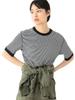 [BEAMS BOY] Вафельная футболка в полоску Healthknit для женщин, ЧЕРНЫЙ/НЕБЕЛЫЙ, ОДИН РАЗМЕР, 13040542875