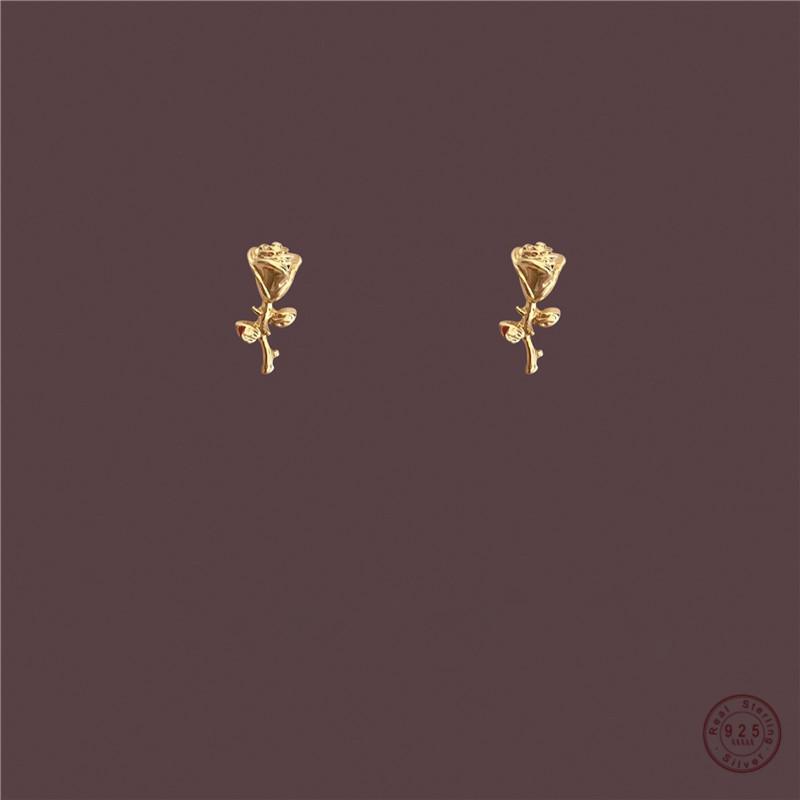925 Sterling Silver Simple Rose Flower Earrings Women Exquisite Sweet Wedding Party 14k Real Gold Plating Jewelry Gift