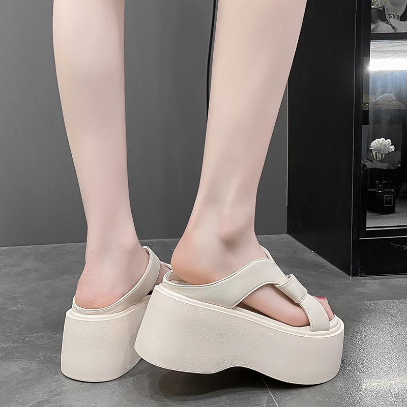 Модные летние женские тапочки, пляжные шлепанцы, женские туфли на толстом каблуке, однотонные босоножки на танкетке, тапочки на высокой платформе 8,5 см