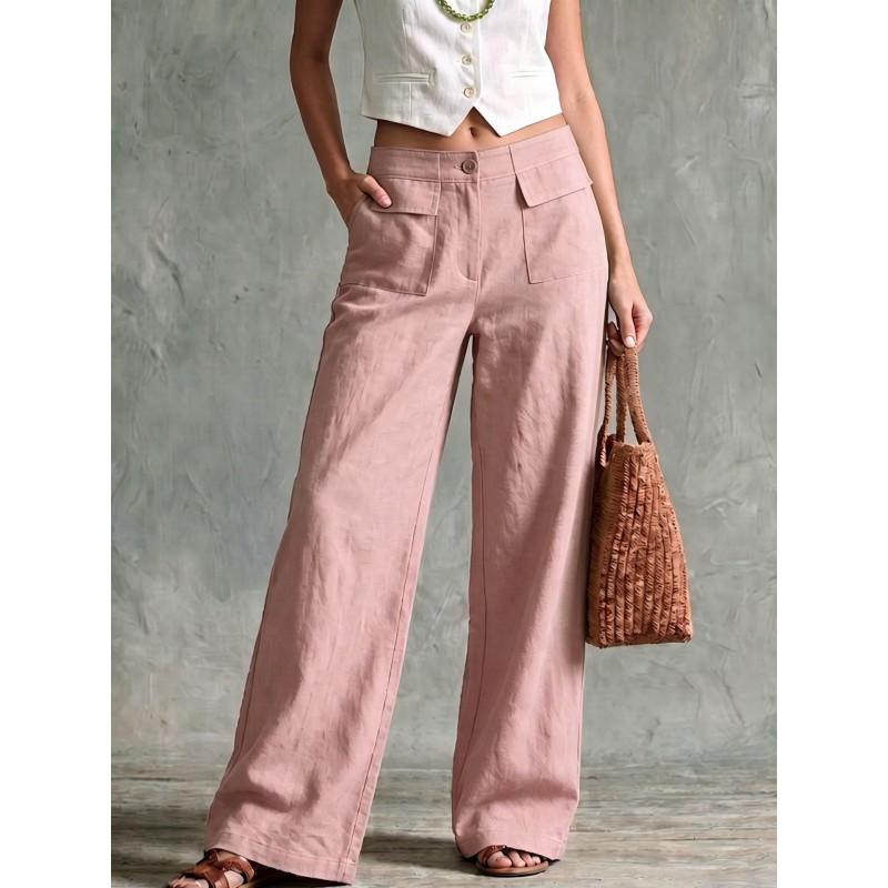 2026 Womens Cotton Linen Blend Wide Leg Pants Solid Color High Waist Loose Casual Trousers Daily Wear