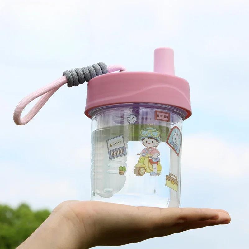 550ml Cute Children Drinking Water Bottle Straw Portable Bottle Student Couple Plastic Cup Gift School Kids