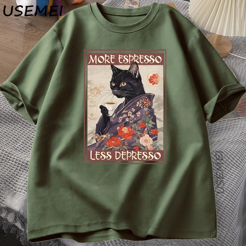 More Espresso Less Depresso Humorous TShirt Unisex Women Black Cat Coffee T Shirt Cotton Y2k Summer Loose Short Sleeve Tee