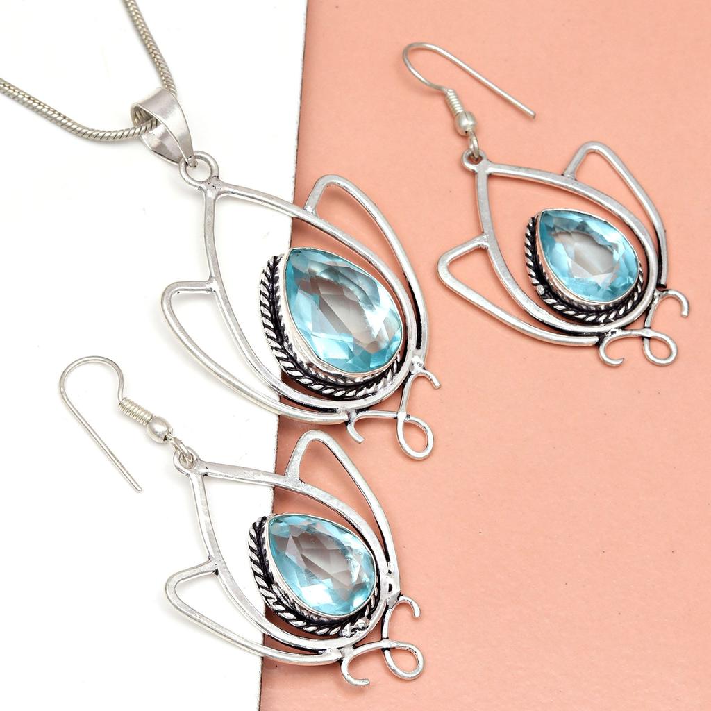 Топаз Голубой Подвеска Sky Серьги Комплект Стерлинговых Ювелирных Изделий Кольцо Серьги