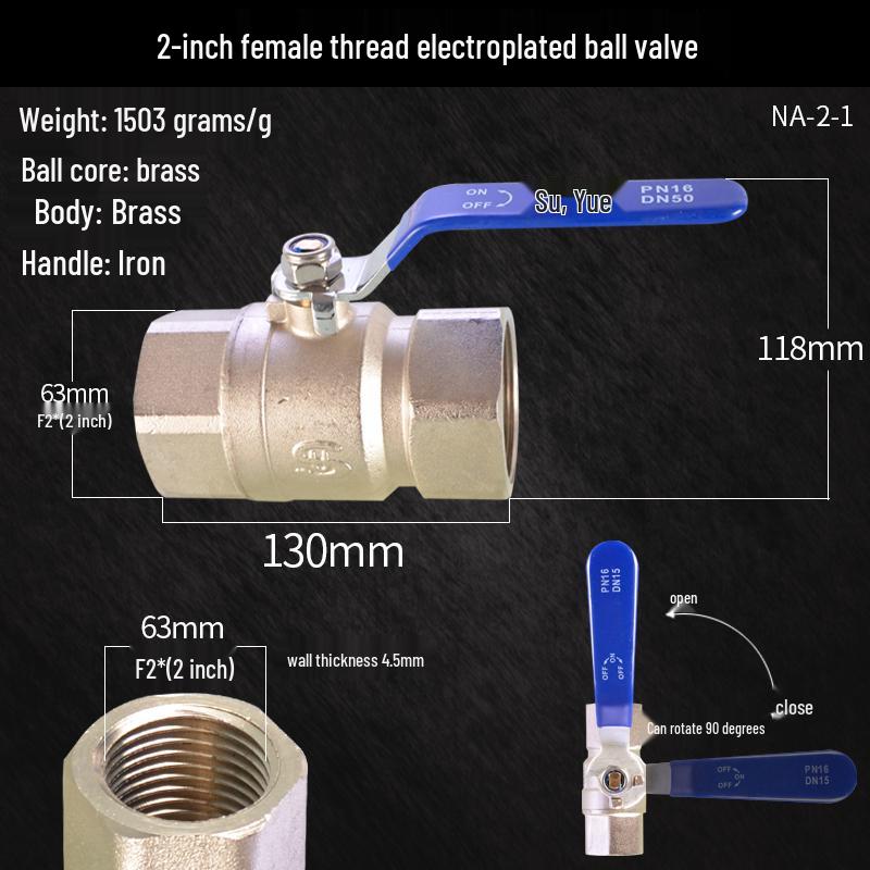 Large Flow 2-Piece Brass Ball Valve with Male/Female Threads for Water Pipes, Available in 1", 1.2", 1.5", and 2" Sizes