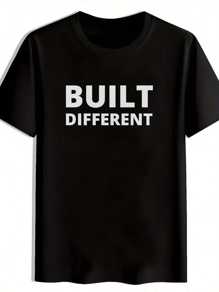 Men'S 'Built Different' Graphic T-Shirt - Black Casual Crew Neck Short Sleeve Tee With Bold White