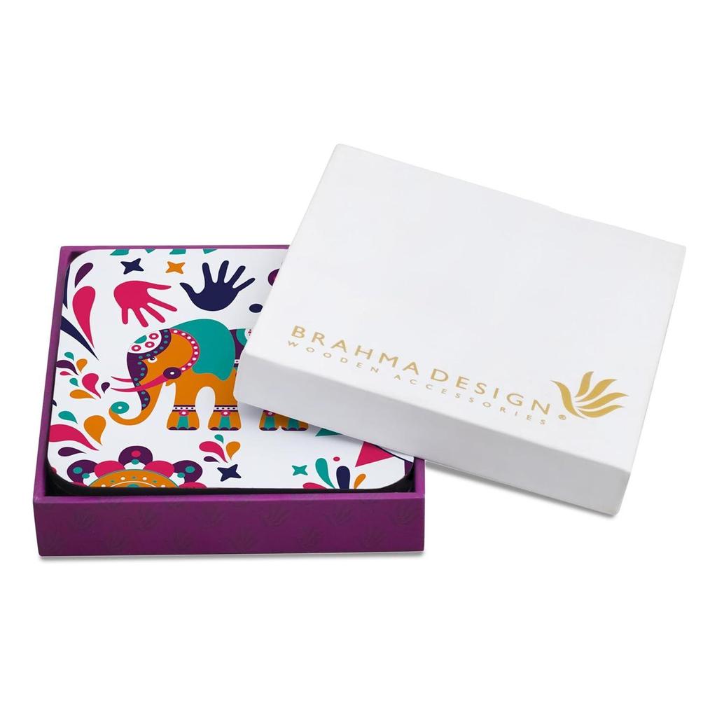 Набор с подарочной коробкой. Набор индийского дизайна из 4 настольных квадратных подставок размером 3,75 x 3,75 дюйма. Деревянные декоративные элементы для кухонного стола для чашек, кружек, банок, стаканов.