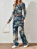 Floral pattern printed women's V-neck long-sleeved trousers set Comfortable casual versatile slim two-piece set