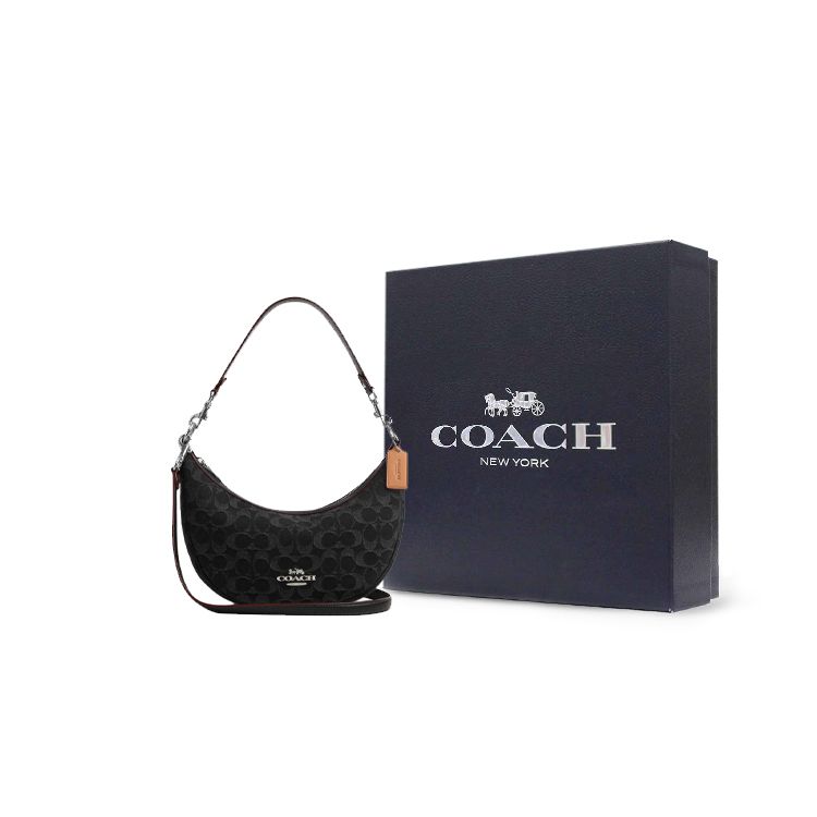 Coach Сумка на плечо Aria 26 Gold Label Classic Monogram с фурнитурой, на молнии, из денима, форма полумесяц, средняя, женская, Черная CP100-SVBK