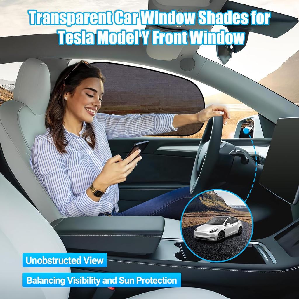 ZATOOTO Car Window Shades For Tesla Model Y Front Window, Car Shades For Driver Semi-Transparent Cling Side Window Sun Blocker For Optimal Sun