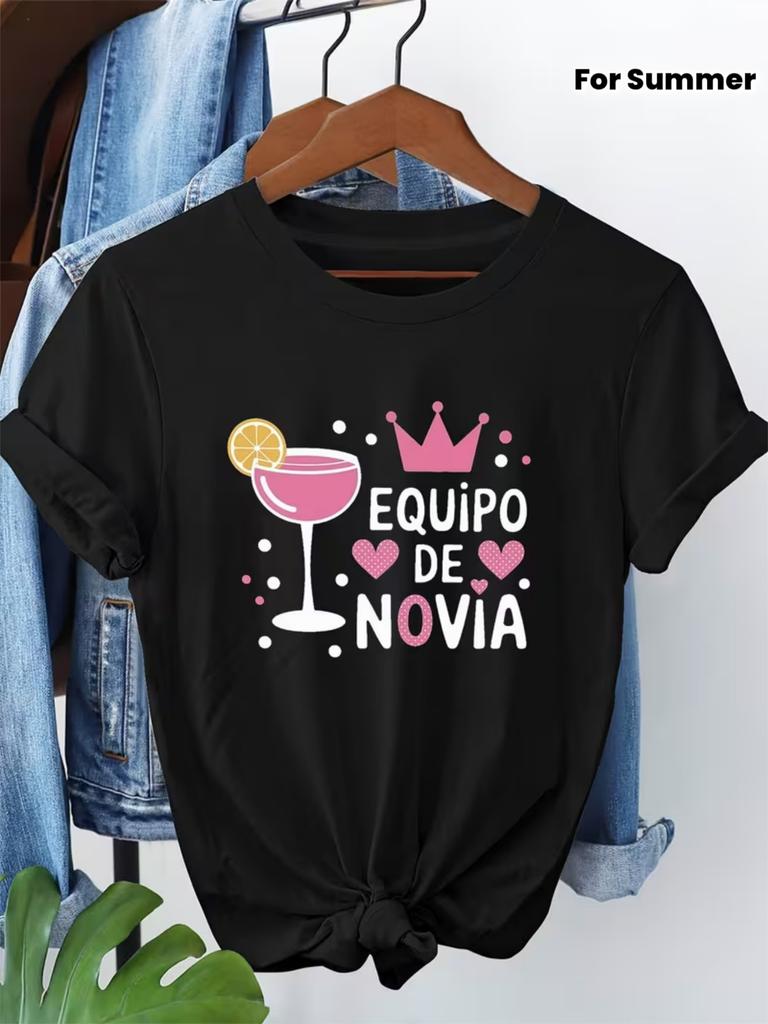 Bridal Team Sweet Party Moments Spanish EQUIPO DE NOVIA Fun Pattern Print Women and Men's Fashion Casual Round Neck Spring Summer T-Shirt Fashion N