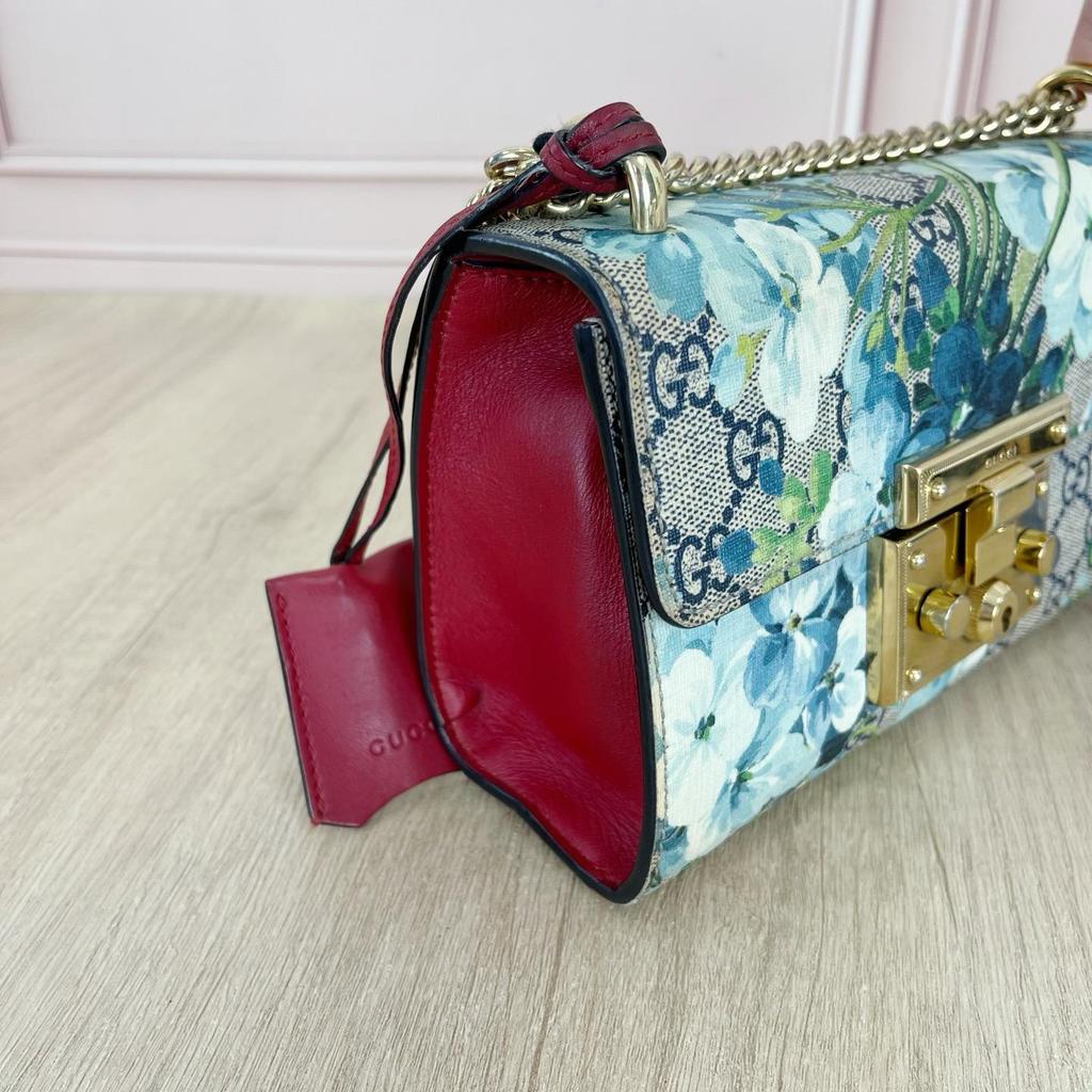 [Pre-Owned] Padlock Metal Lock Buckle Bag GG Blooms Logo Geranium Print Canvas And Leather Box Bag Chain Shoulder Crossbody Bag S - Very Good #1YDVWPF