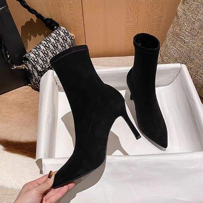 Кожа 2025 осень и зима заостренный носок тонкий каблук короткие ботильоны женские черные замшевые на высоком каблуке ботинки-носки ботильоны знаменитость в интернете эластичные