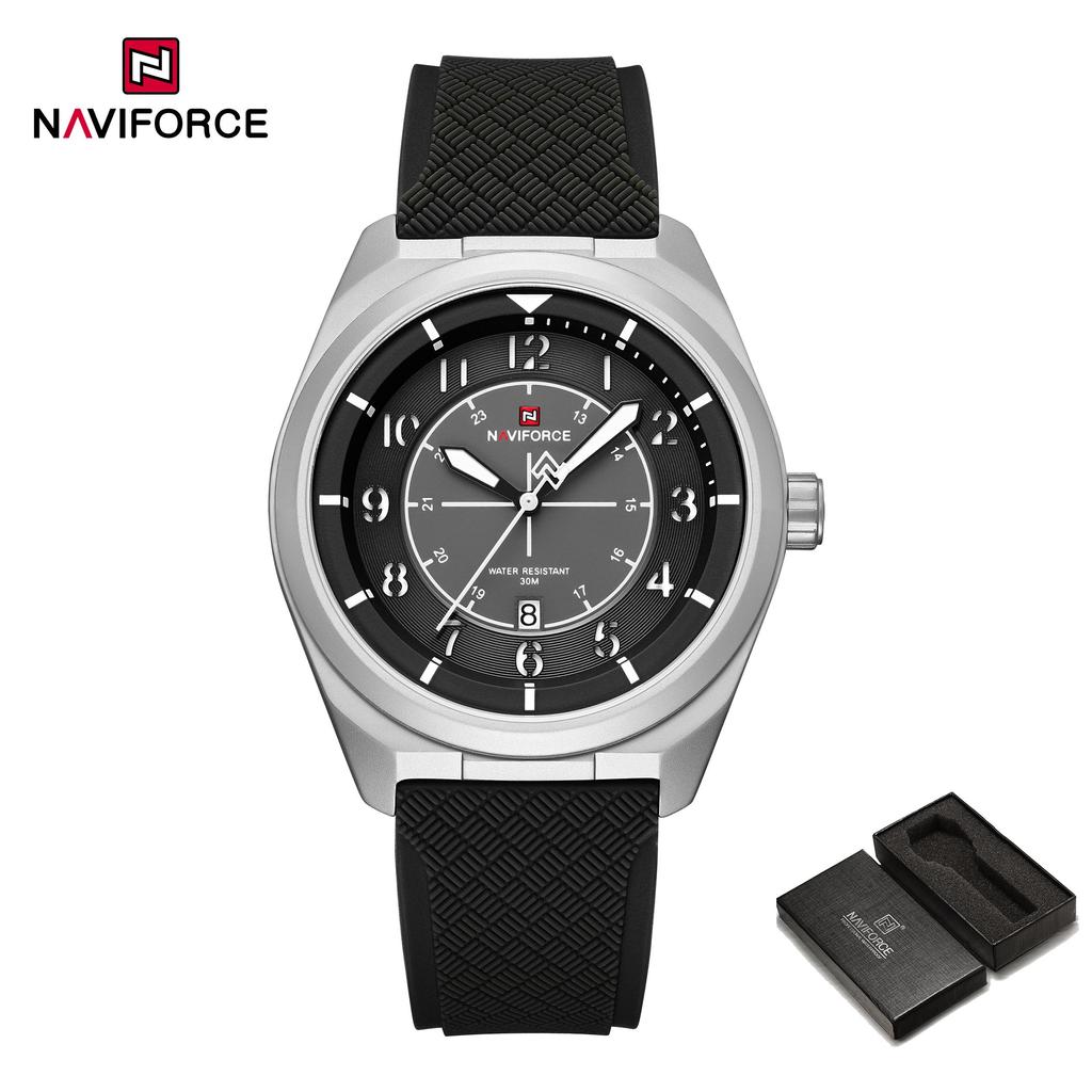 Naviforce Оригинальные мужские кварцевые часы Легкий силиконовый ремешок Календарь Водонепроницаемые 3 АТМ Круглый корпус часов Повседневные модные мужские часы NF9281T
