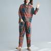 Women's Loose Long-sleeved Shirt Plus Size Two-piece Fashion Plaid Harem Pants Casual Cotton and Linen Suit