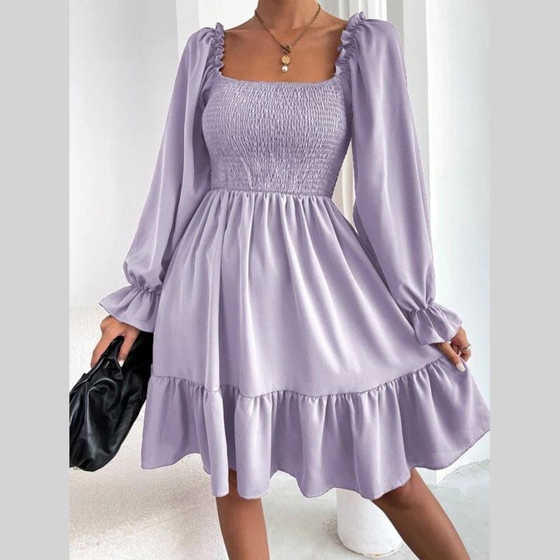 Женское весенне-осеннее платье с рукавами-фонариками, квадратным воротником и оборками, однотонное вечернее платье