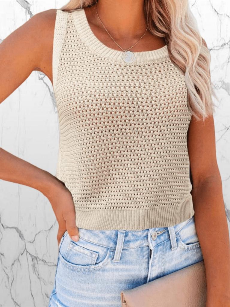 Women's Sleeveless Crochet Knit Tank Top Crew Neck Hollow Out Casual Summer Pullover