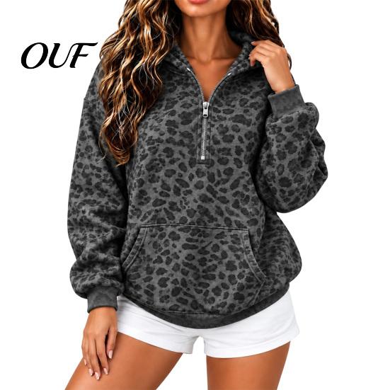 Women Long Sleeve Hoodie Leopard Print Hoodie, Oversized Half Zip Hooded Sweatshirt with Kangaroo Pocket, Fall Casual Pullover Top Wear