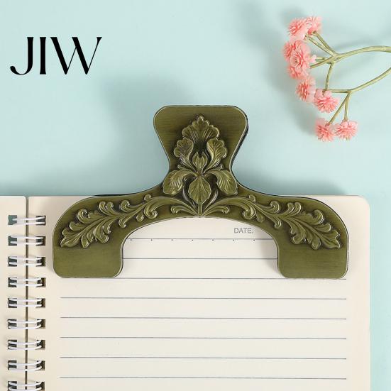 Floral Embossed Page Holder Vintage Metal Book Holder, with Pattern Design, Hands Free Cookbook Stand for Kitchen Clip, Durable Zinc Alloy Spreader,