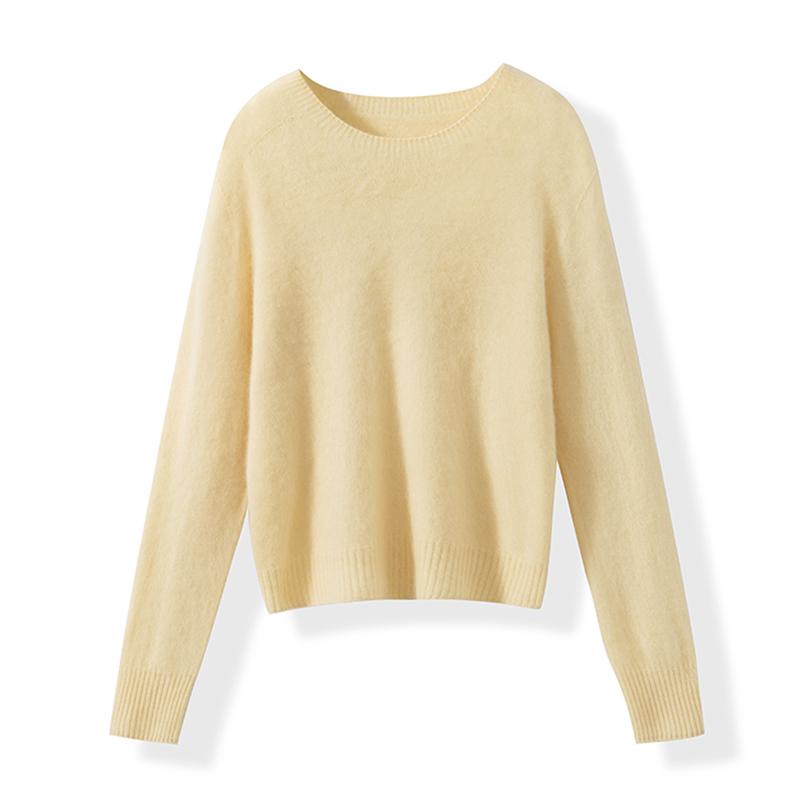 Seamless Wool-Cashmere Brushed V-Neck Round Neck Pink Sweater for Women