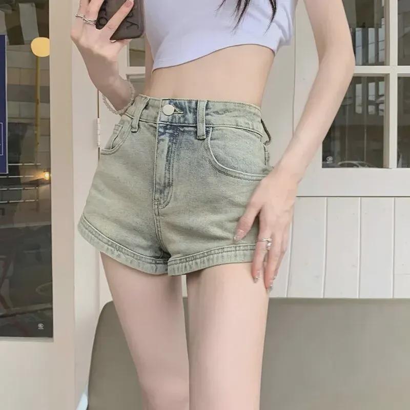 Шорты из эластичного денима с высокой талией и карманом на молнии — облегающий крой, прямой покрой для женщин