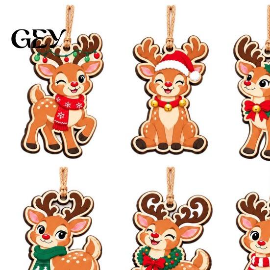 Indoor Christmas Decorations 6Pcs Wooden Reindeer Ornament, Cute Deer Hanging Decor Party Supplies with Jute String, Holiday Tree Pendant for