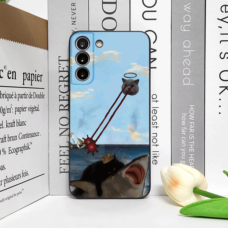 Забавный абстрактный чехол для телефона с акулой и черной кошкой для Samsung Galaxy S24+ S25 S23 Ultra S22 Plus S21FE M53 M34 M55 5G Матовый мягкий чехол