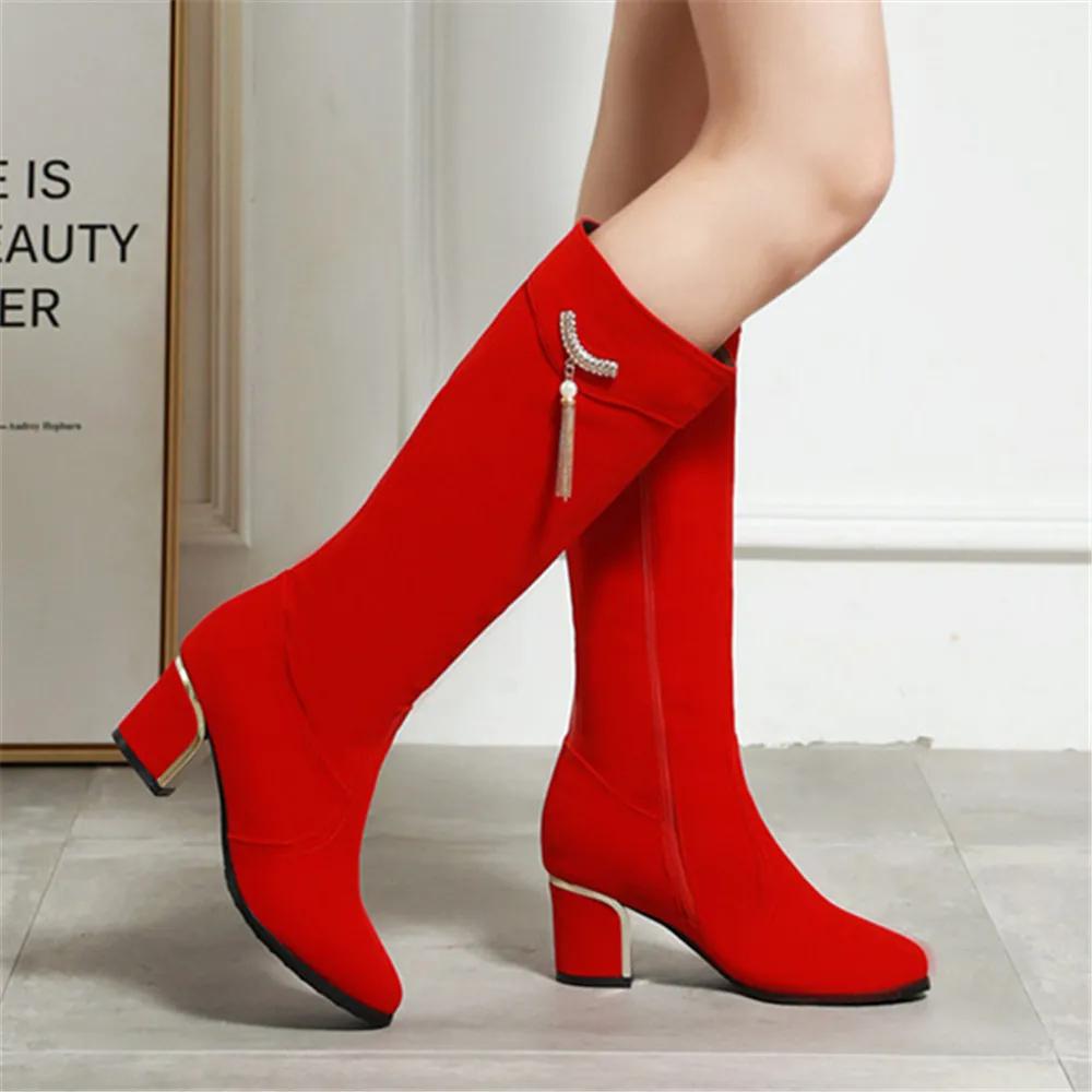 Fashion New Knee High Boots Women Shoes Ladies Fashion High Heels Winter Party Tassel Thick Bottine Mujer Large Size 32-43 Red Black