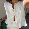 2025 Spring Summer Loose Casual Women's Shirt Sleeveless Fashion Hollow Out Straps Bow Tie Straps Tops Female Pleated Women's Shirts Clothing 3562