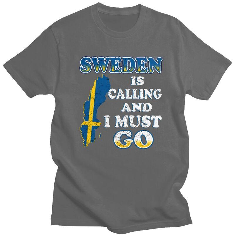 Mens Sweden Is Calling T Shirt Short Sleeve Cotton Tshirts Valentines Day Gift Casual Sweden Flag Tee Loose Fit Clothing