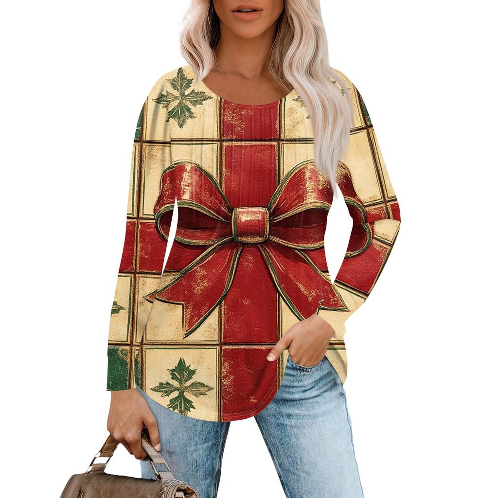 Женская повседневная футболка с круглым вырезом и длинными рукавами с рождественским принтом и складками