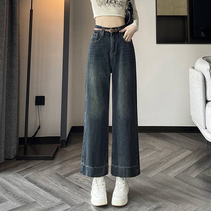 Retro Blue Jeans for Women's Spring Wide Leg Pants High Waist Slim Cropped Pants Straight Leg Pants