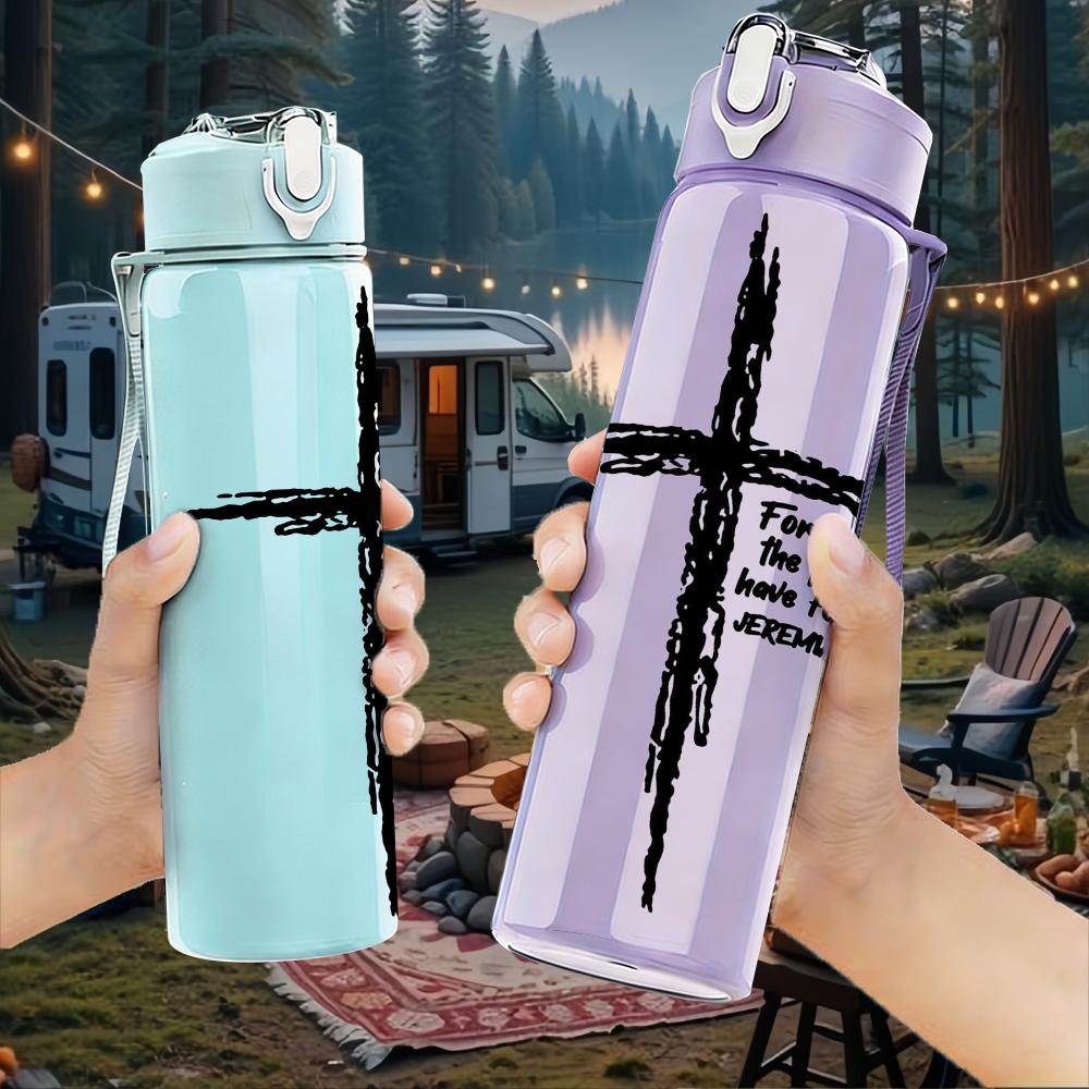 1PC Scripture Verse Wooden Cross 750ml Color Plastic Sports Water Bottle Leakproof Flip Straw Lid Suitable for Sports Office Home Use
