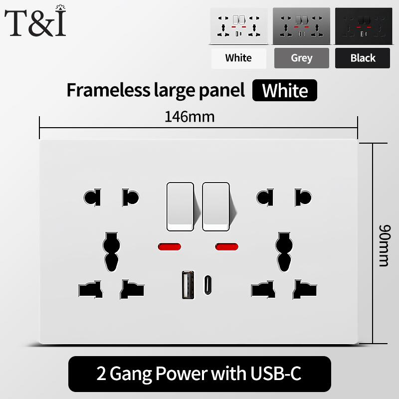 Универсальная настенная розетка с USB-C, USB-зарядным устройством и выключателями - 2-местная розетка с LED-индикатором, для скрытого монтажа, AC 110-250V