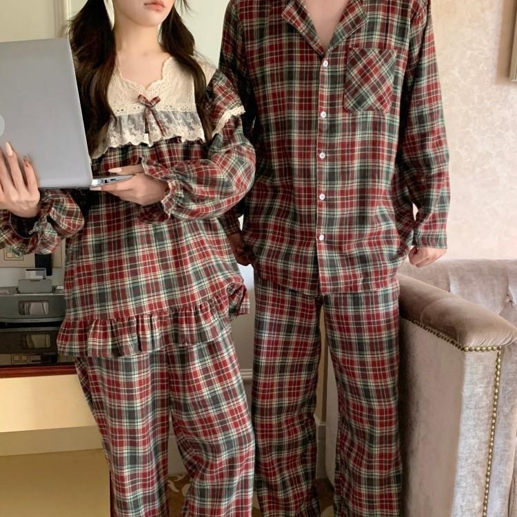 Korean-Style Couple Christmas Plaid Pajamas: Sweet Princess Design, Brushed Fabric, Long-Sleeve, Autumn/Winter Homewear Set