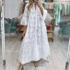Elegant Solid Color Embroidery Lace Maxi Dress V-neck 3/4 Flared Sleeve Hollow Out Flower Pattern Buttons Half Placket Ruffle Stitching Hem Dress