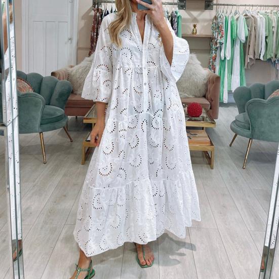 Elegant Solid Color Embroidery Lace Maxi Dress V-neck 3/4 Flared Sleeve Hollow Out Flower Pattern Buttons Half Placket Ruffle Stitching Hem Dress