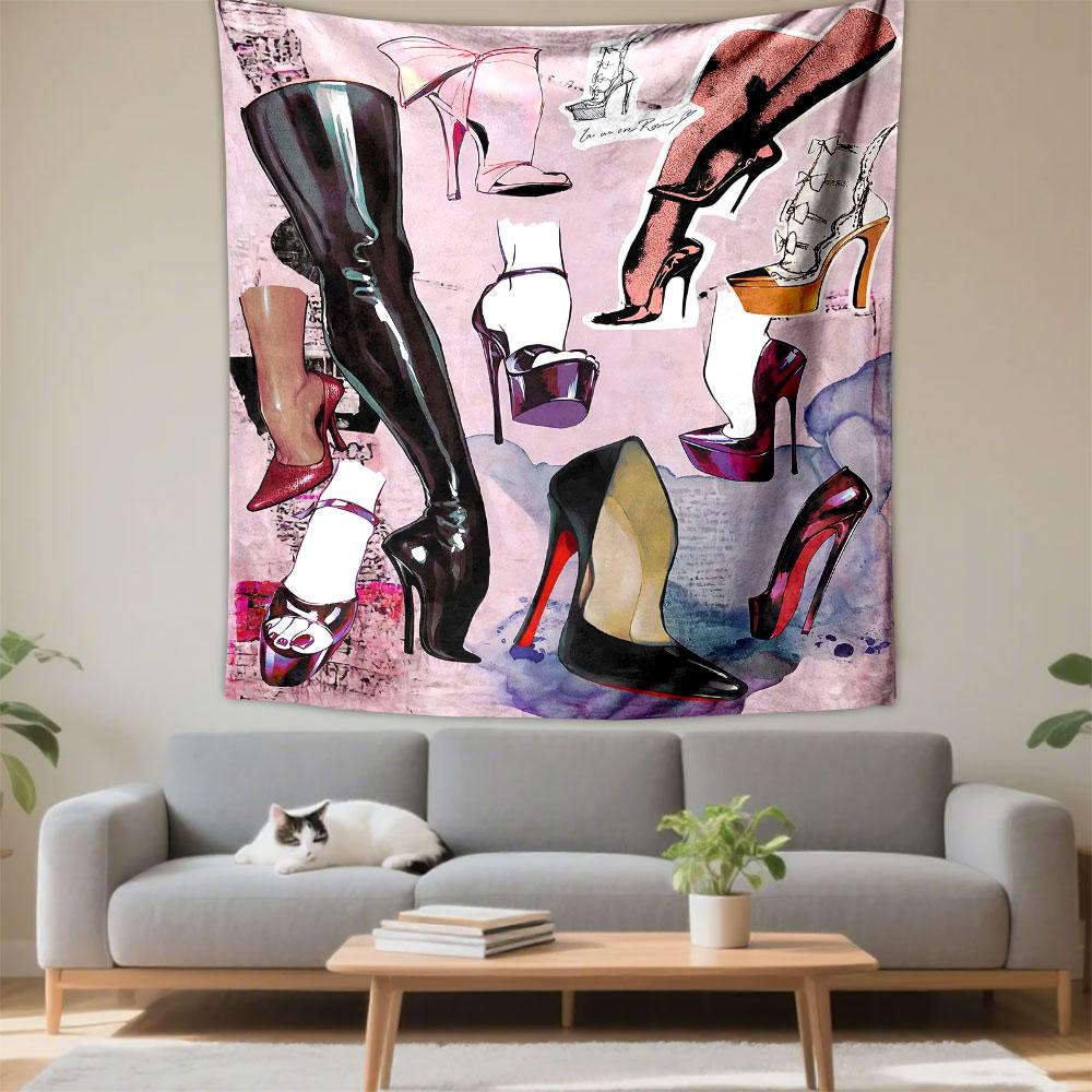 Illustrations of stylish high-heel shoes and boots in various designs. Patterned tapestry for bedroom and living room home decor