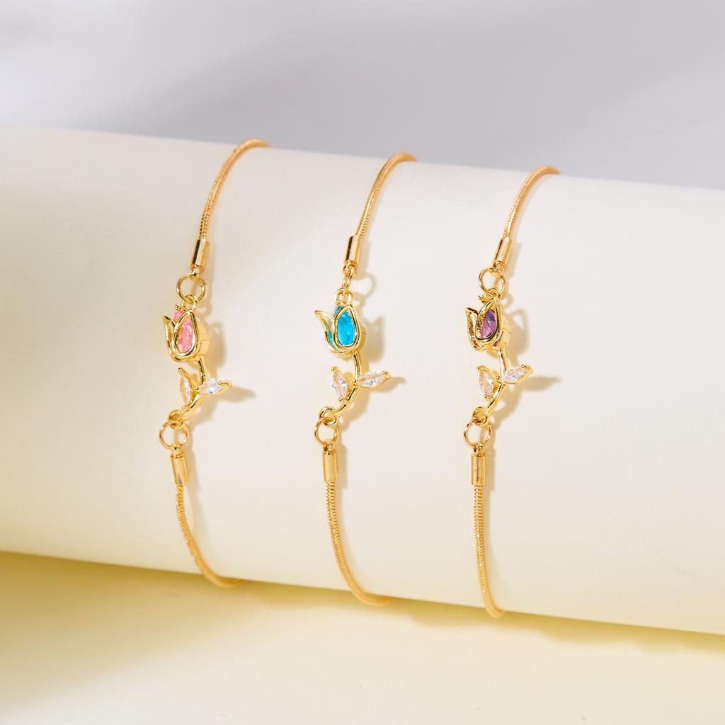 Fashion Gold Color Crystal Zircon Flower Tulip Bracelet For Women Wedding Party Valentine's Day GiftJewelry