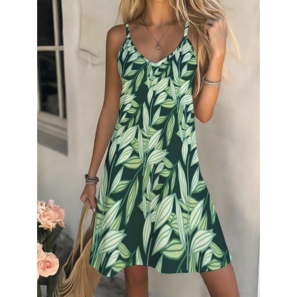 Женское богемное платье-миди на тонких бретельках с принтом