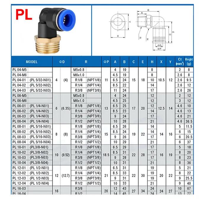 5 шт. Пневматический воздушный фитинг PL 4 6 8 10 12 мм Резьба 1/8 1/4" 3/8" 1/2" Колено для трахеи Быстроразъемные фитинги для воздушного шланга