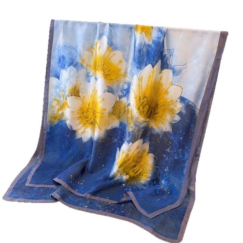 Spring and Summer Thin Printing Simulation Silk Brocade Sunscreen Pink Purple Flower Silk Scarf Long Scarf Shawl Versatile Headscarf Scarf