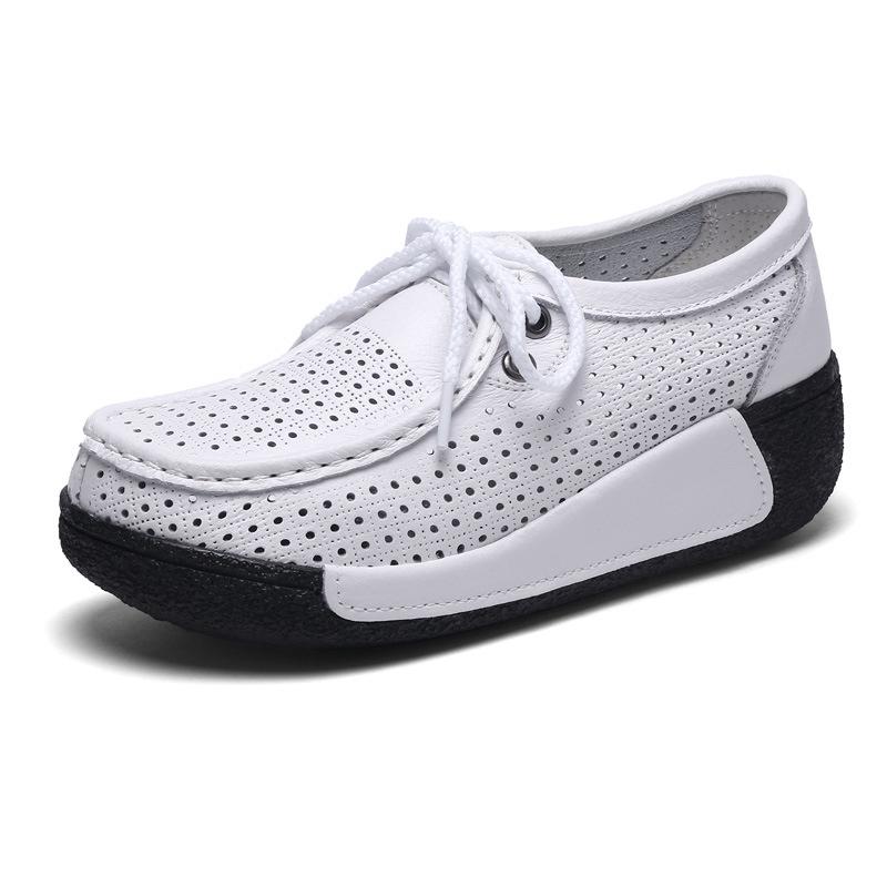 Genuine Leather Women Walking Shoes 5cm High Wedges Heels Shoes Lace-up Platform Shoes Loafers Mother Shoes