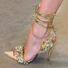 Sexy Ankle Strap Gold Sandals Women Party Nightclub Stripper Heels Stiletto Sandals Crystal Diamond Pointed Toe Wedding Shoes