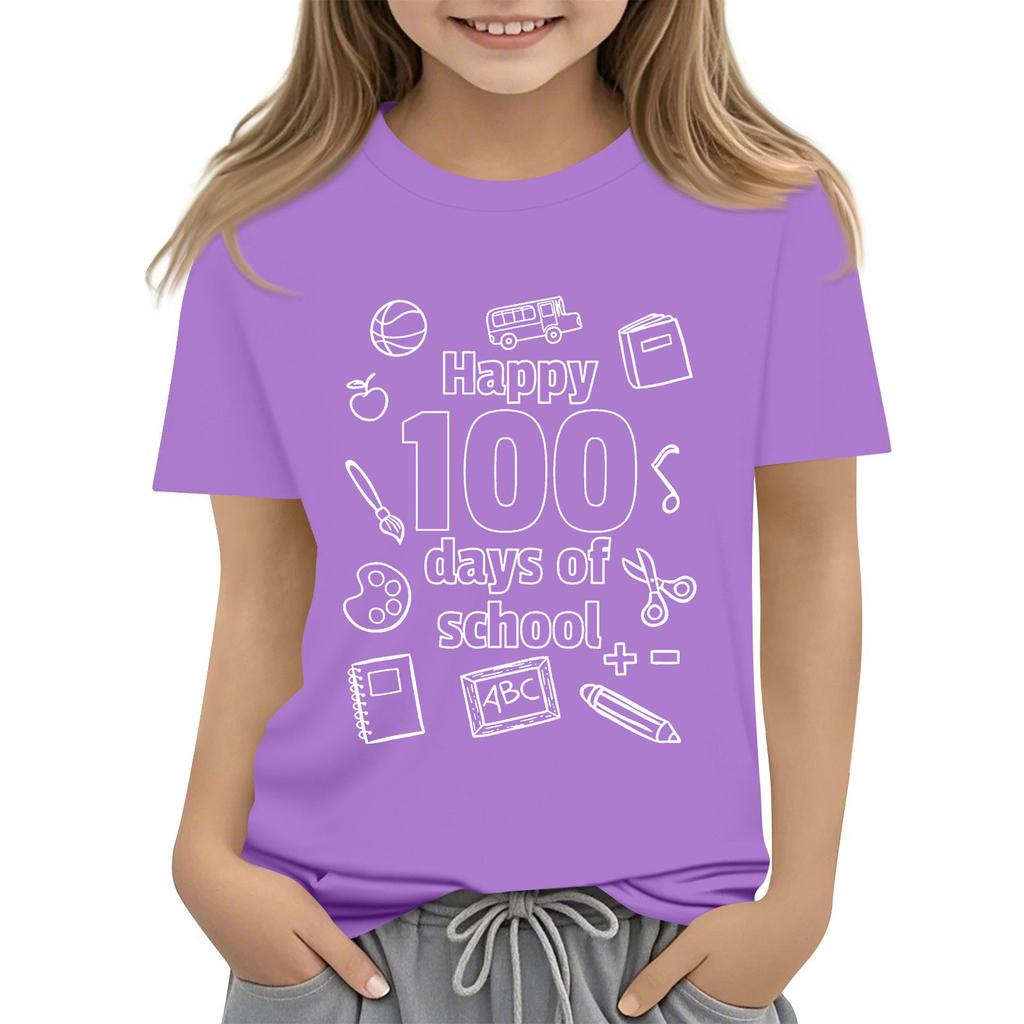 Kids Fashion Casual Short Sleeve 100 Day School Anniversary Printed Round Neck T-Shirt Top