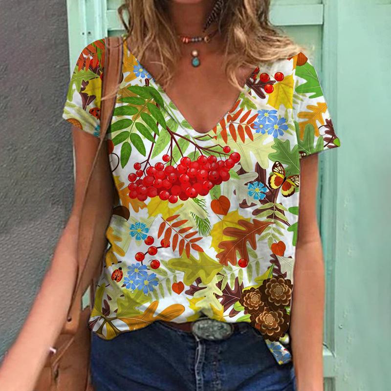 Лето 2023, футболка с 3D растительным принтом и фруктами, женская футболка с v-образным вырезом, топ Kawaii, уличный женский свободный модный универсальный топ в стиле Харадзюку, 2023 г.
