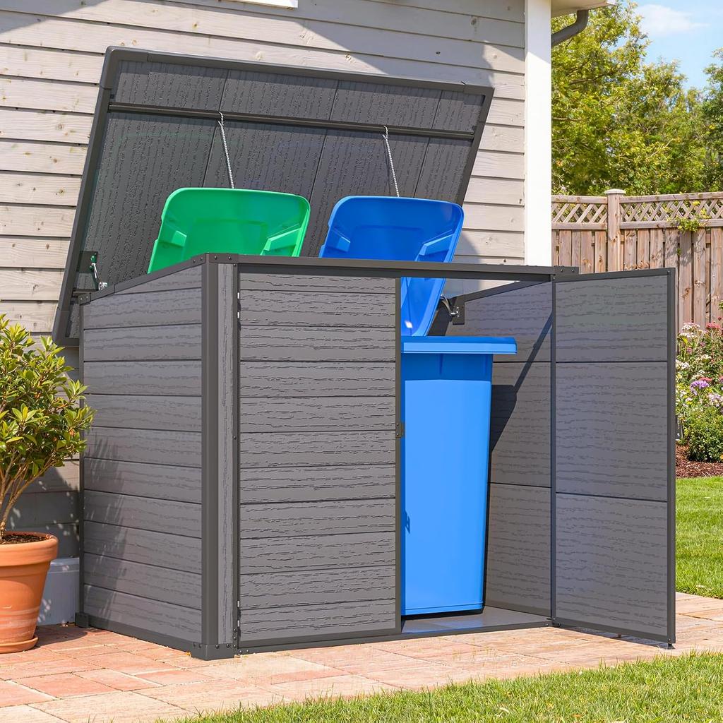 YODOLLA Garden Storage Shed, Outdoor Wheelie Bin Store (2x120L Bins), All-Weather Plastic Shed for Tools/BBQs, Charcoal Gray Plastic(156x98x127cm)