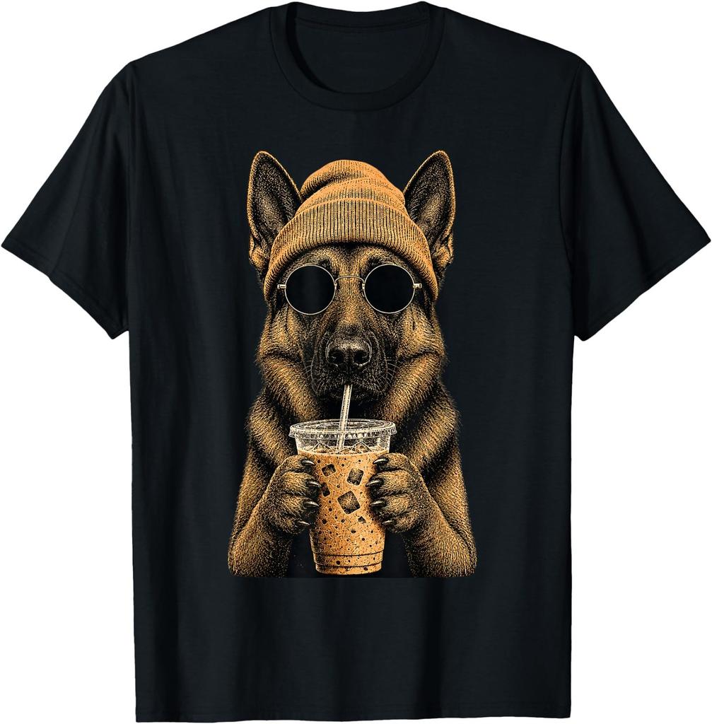 German Shepherd Hipster Dog Drinking Iced Coffee Sunglasses T-Shirt