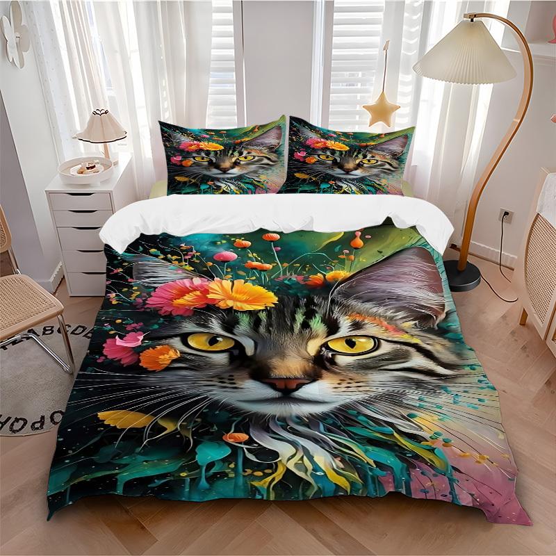 3pcs Floral Cat Artwork Duvet Cover Set -Includes 1 Duvet Cover and 2 Pillowcases, No Quilt Core, All-Season Home Decor yy251111182